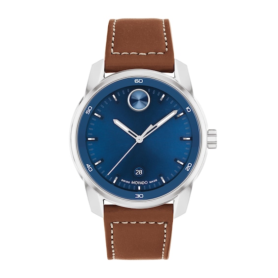 Men's Movado Bold Verso Brown Leather Strap Watch with Blue Dial (Model: 3600944)