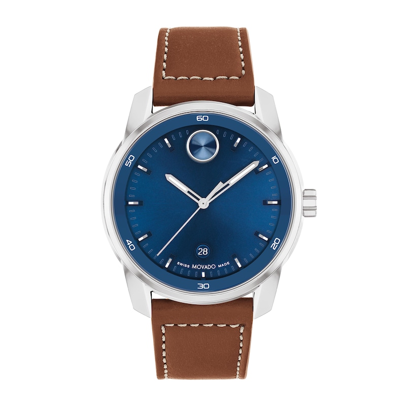 Main Image 1 of Men's Movado Bold Verso Brown Leather Strap Watch with Blue Dial (Model: 3600944)