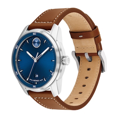 Men's Movado Bold Verso Brown Leather Strap Watch with Blue Dial (Model: 3600944)