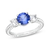 Blue Lab-Created Sapphire and White Lab-Created Sapphire Three Stone Ribbed Shank Ring in Sterling Silver