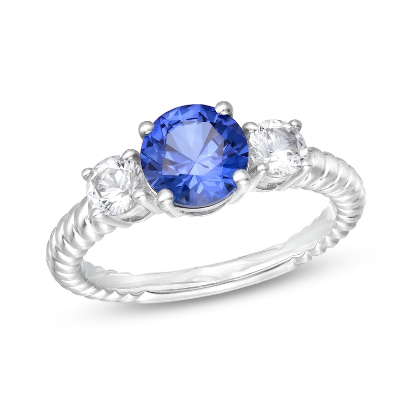 Blue Lab-Created Sapphire and White Lab-Created Sapphire Three Stone Ribbed Shank Ring in Sterling Silver|Peoples Jewellers