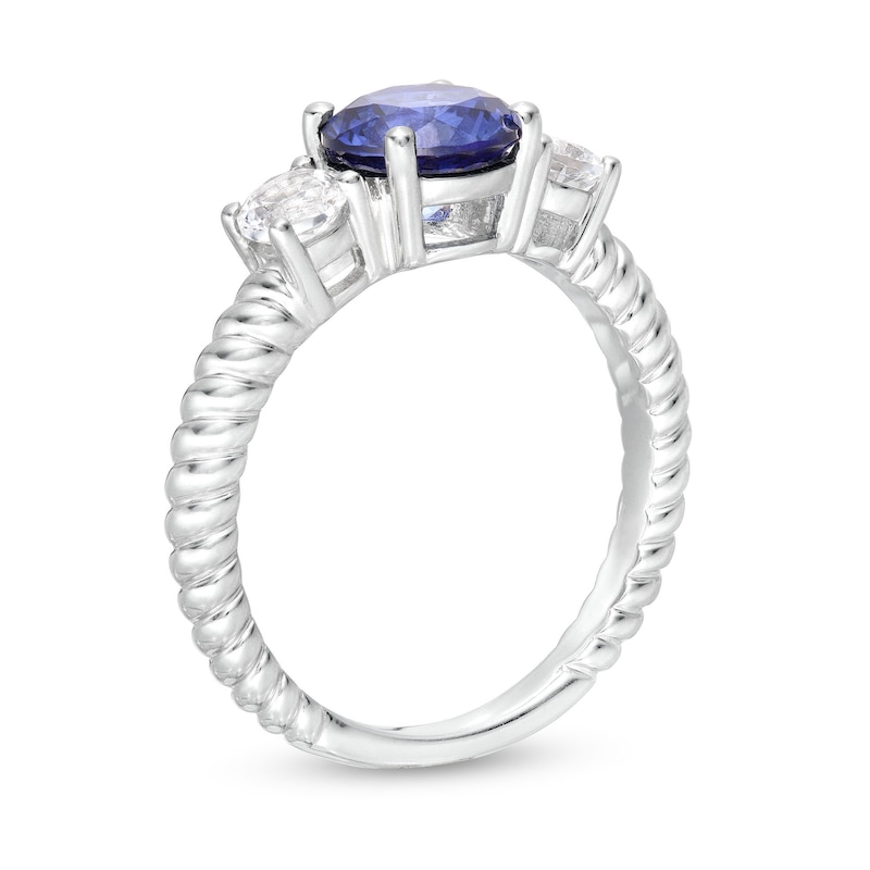 Blue Lab-Created Sapphire and White Lab-Created Sapphire Three Stone Ribbed Shank Ring in Sterling Silver|Peoples Jewellers
