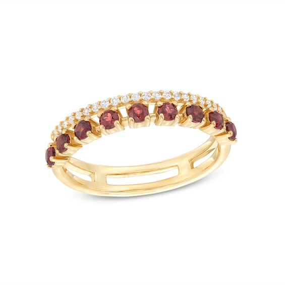 Garnet and White Lab-Created Sapphire Split Double Row Ring in 10K Gold