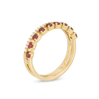 Garnet and White Lab-Created Sapphire Split Double Row Ring in 10K Gold