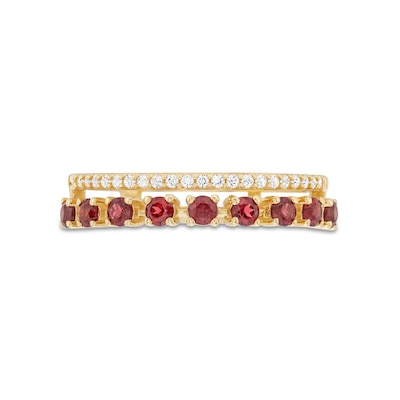 Garnet and White Lab-Created Sapphire Split Double Row Ring in 10K Gold