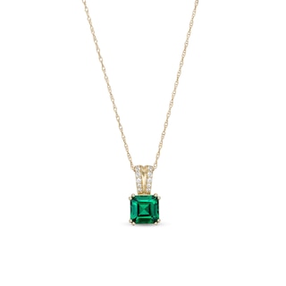 7.0mm Asscher-Cut Lab-Created Emerald and White Lab-Created Sapphire "V" Pendant in 10K Gold