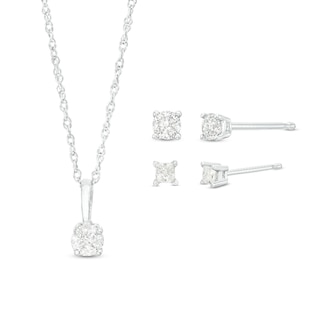 0.45 CT. T.W. Princess-Cut and Round Diamond Solitaire Pendant and Earrings Set in 10K White Gold (J/I3)