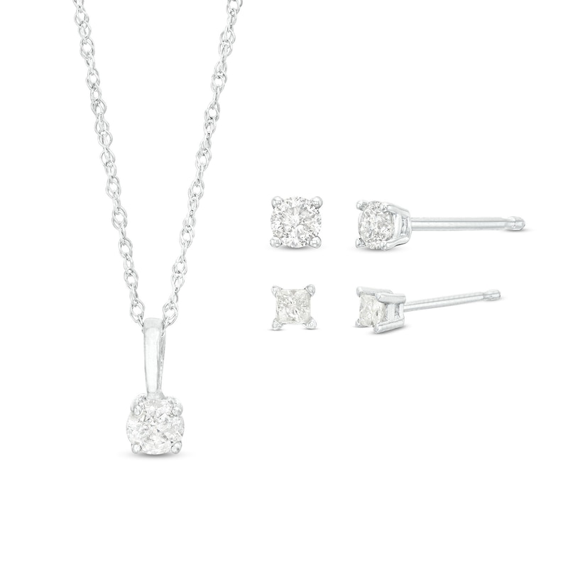Essentials 0.45 CT. T.W. Princess-Cut and Round Diamond Solitaire Pendant and Earrings Set in 10K White Gold (J/I3)|Peoples Jewellers