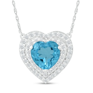 7.0mm Swiss Blue Topaz and White Lab-Created Sapphire Double Frame Heart Pendant in 10K White Gold