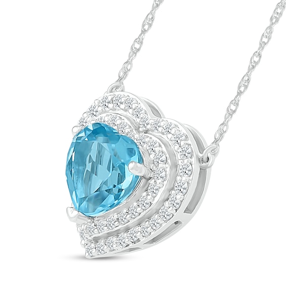 7.0mm Swiss Blue Topaz and White Lab-Created Sapphire Double Frame Heart Pendant in 10K White Gold