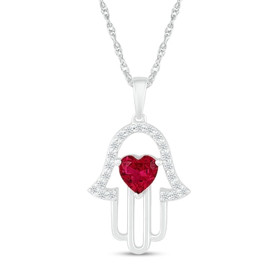 5.0mm Heart-Shaped Lab-Created Ruby and White Lab-Created Sapphire Hamsa Pendant in 10K White Gold