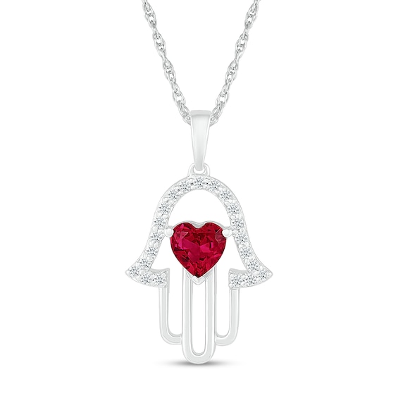 5.0mm Heart-Shaped Lab-Created Ruby and White Lab-Created Sapphire Hamsa Pendant in 10K White Gold