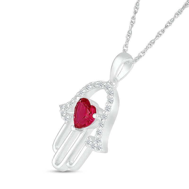 5.0mm Heart-Shaped Lab-Created Ruby and White Lab-Created Sapphire Hamsa Pendant in 10K White Gold|Peoples Jewellers