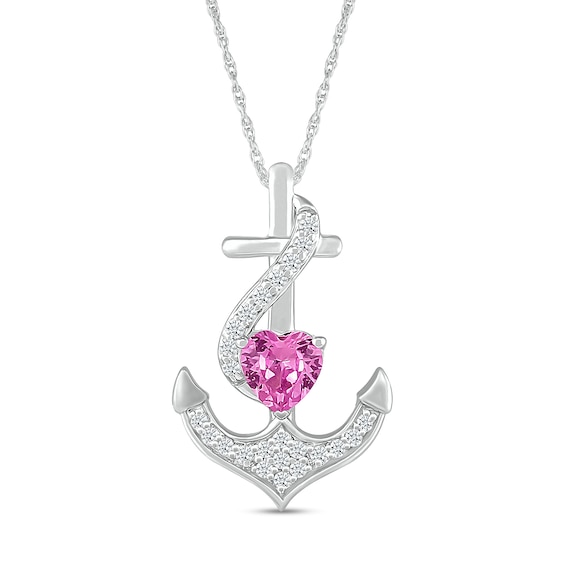 5.0mm Heart-Shaped Pink and White Lab-Created Sapphire Ribbon Overlay Anchor Pendant in Sterling Silver