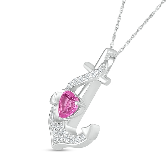 5.0mm Heart-Shaped Pink and White Lab-Created Sapphire Ribbon Overlay Anchor Pendant in Sterling Silver