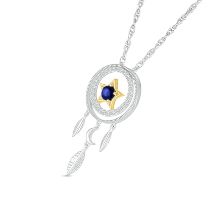 4.0mm Blue and White Lab-Created Sapphire Star with Crescent Moon Dream Catcher Pendant in Sterling Silver and 10K Gold