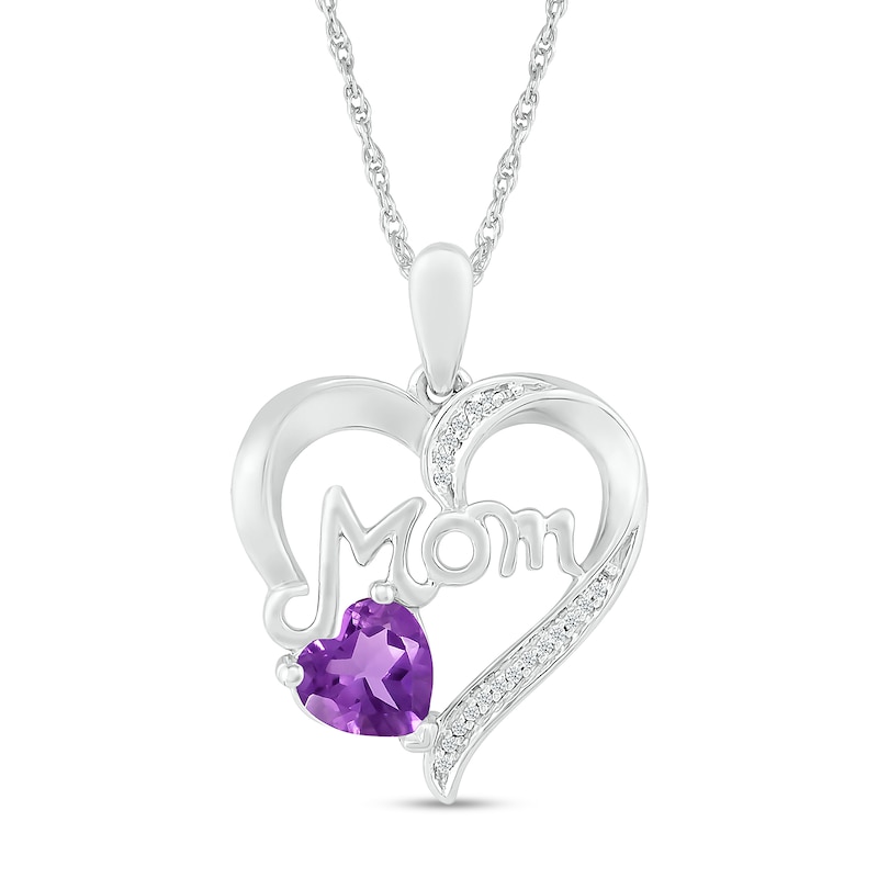 6.0mm Amethyst and Diamond Accent Cursive "Mom" Loop Heart Drop Pendant in Sterling Silver|Peoples Jewellers