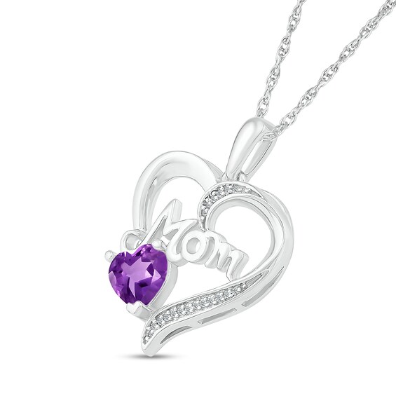 6.0mm Amethyst and Diamond Accent Cursive "Mom" Loop Heart Drop Pendant in Sterling Silver