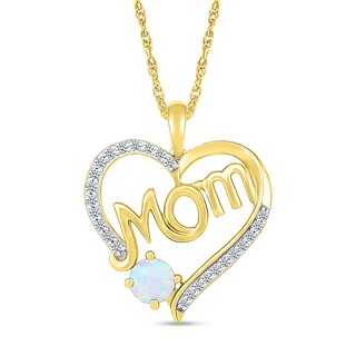 5.0mm Lab-Created Opal and White Lab-Created Sapphire Cursive "Mom" Heart Pendant in Sterling Silver with 14K Gold Plate