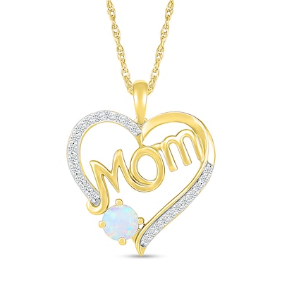 5.0mm Lab-Created Opal and White Lab-Created Sapphire Cursive "Mom" Heart Pendant in Sterling Silver with 14K Gold Plate