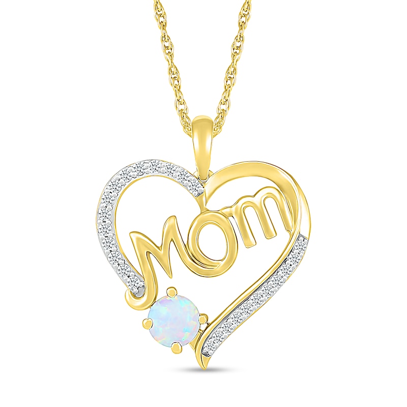 5.0mm Lab-Created Opal and White Lab-Created Sapphire Cursive "Mom" Heart Pendant in Sterling Silver with 14K Gold Plate|Peoples Jewellers