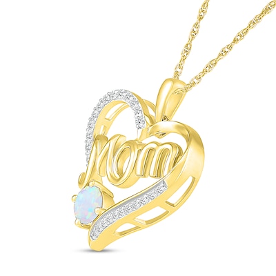 5.0mm Lab-Created Opal and White Lab-Created Sapphire Cursive "Mom" Heart Pendant in Sterling Silver with 14K Gold Plate