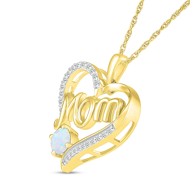 5.0mm Lab-Created Opal and White Lab-Created Sapphire Cursive "Mom" Heart Pendant in Sterling Silver with 14K Gold Plate