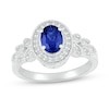 Oval Blue and White Lab-Created Sapphire Frame Leaf-Sides Ring in 10K White Gold