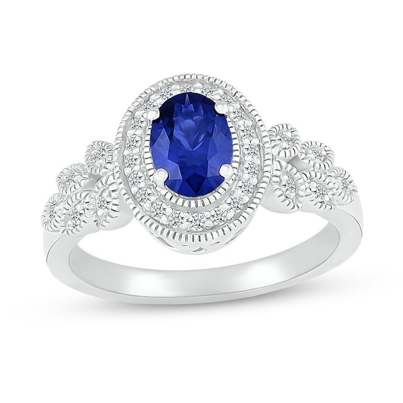 Oval Blue and White Lab-Created Sapphire Frame Leaf-Sides Ring in 10K White Gold|Peoples Jewellers