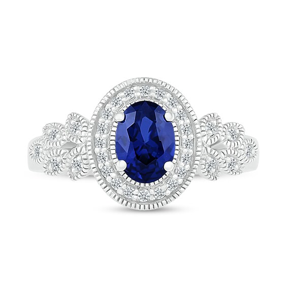 Oval Blue and White Lab-Created Sapphire Frame Leaf-Sides Ring in 10K White Gold