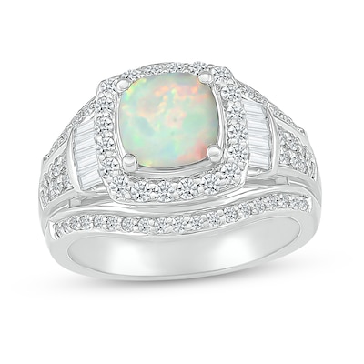 7.0mm Cushion-Shaped Lab-Created Opal and White Lab-Created Sapphire Frame Bold Multi-Row Ring in Sterling Silver