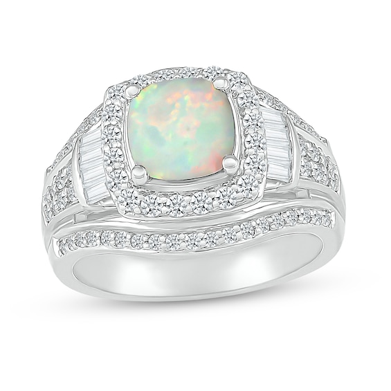 7.0mm Cushion-Shaped Lab-Created Opal and White Lab-Created Sapphire Frame Bold Multi-Row Ring in Sterling Silver