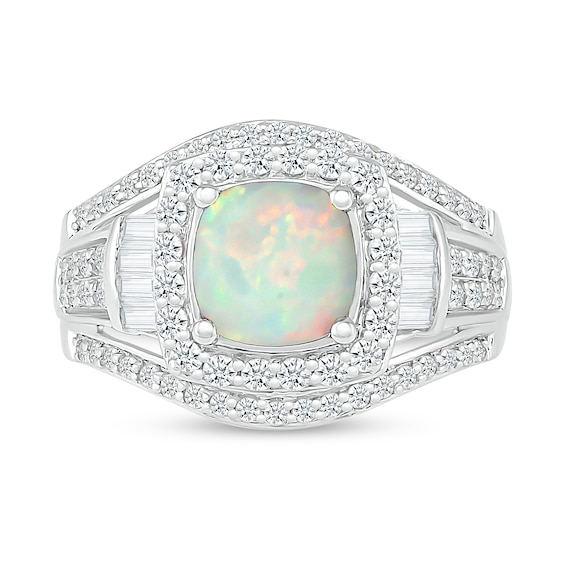 7.0mm Cushion-Shaped Lab-Created Opal and White Lab-Created Sapphire Frame Bold Multi-Row Ring in Sterling Silver