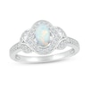 Thumbnail Image 0 of Oval Lab-Created Opal and White Lab-Created Sapphire Contour Frame Leaf-Sides Ring in 10K White Gold