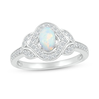 Oval Lab-Created Opal and White Lab-Created Sapphire Contour Frame Leaf-Sides Ring in 10K White Gold