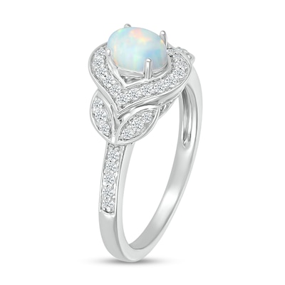 Oval Lab-Created Opal and White Lab-Created Sapphire Contour Frame Leaf-Sides Ring in 10K White Gold