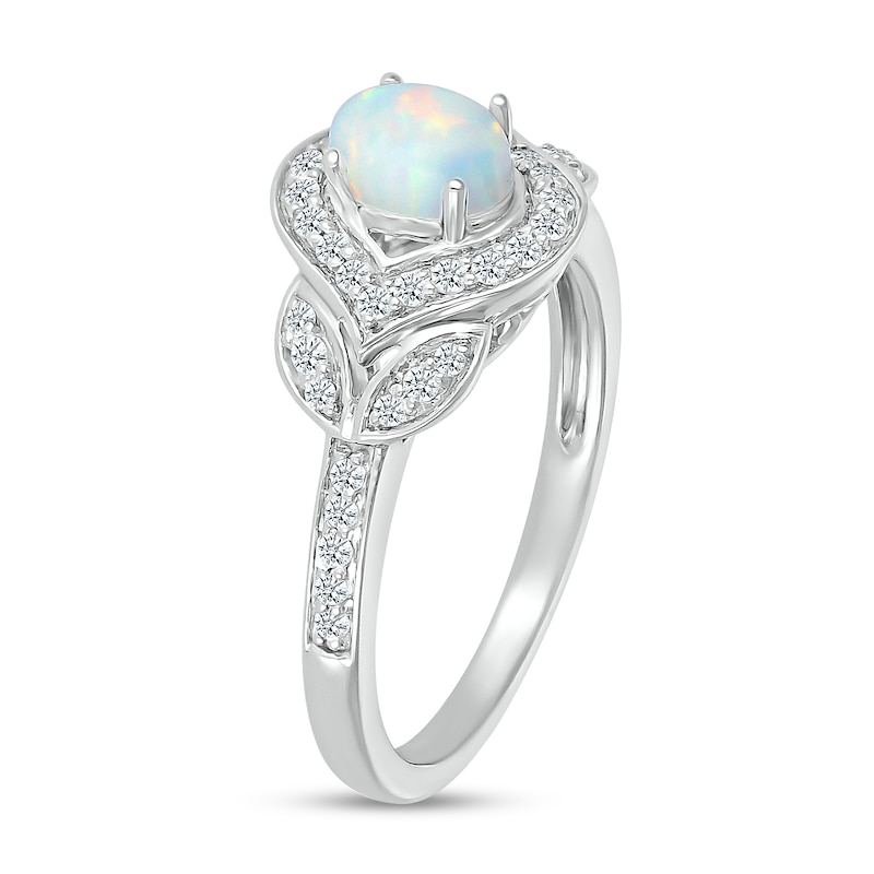 Oval Lab-Created Opal and White Lab-Created Sapphire Contour Frame Leaf-Sides Ring in 10K White Gold