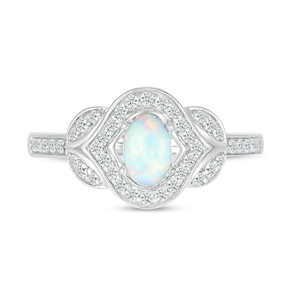 Oval Lab-Created Opal and White Lab-Created Sapphire Contour Frame Leaf-Sides Ring in 10K White Gold