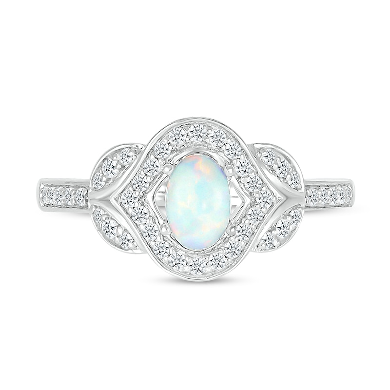 Oval Lab-Created Opal and White Lab-Created Sapphire Contour Frame Leaf-Sides Ring in 10K White Gold