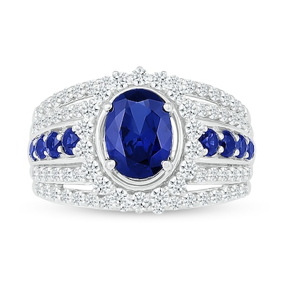 Oval Blue and White Lab-Created Sapphire Shadow Frame Multi-Row Split Shank Ring in Sterling Silver