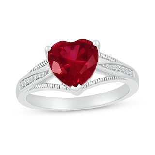 8.0mm Heart-Shaped Lab-Created Ruby and 0.04 CT. T.W. Diamond Tapered Split Shank Ring in 10K White Gold