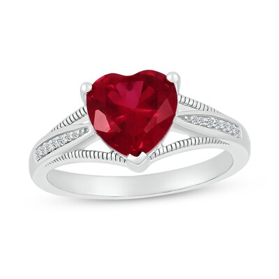 8.0mm Heart-Shaped Lab-Created Ruby and 0.04 CT. T.W. Diamond Tapered Split Shank Ring in 10K White Gold