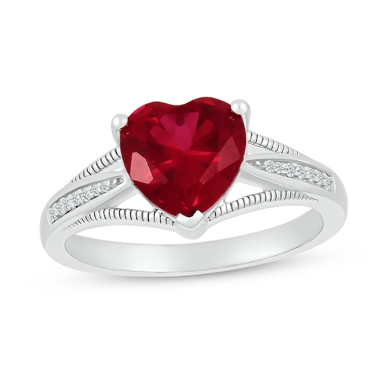 8.0mm Heart-Shaped Lab-Created Ruby and 0.04 CT. T.W. Diamond Tapered Split Shank Ring in 10K White Gold