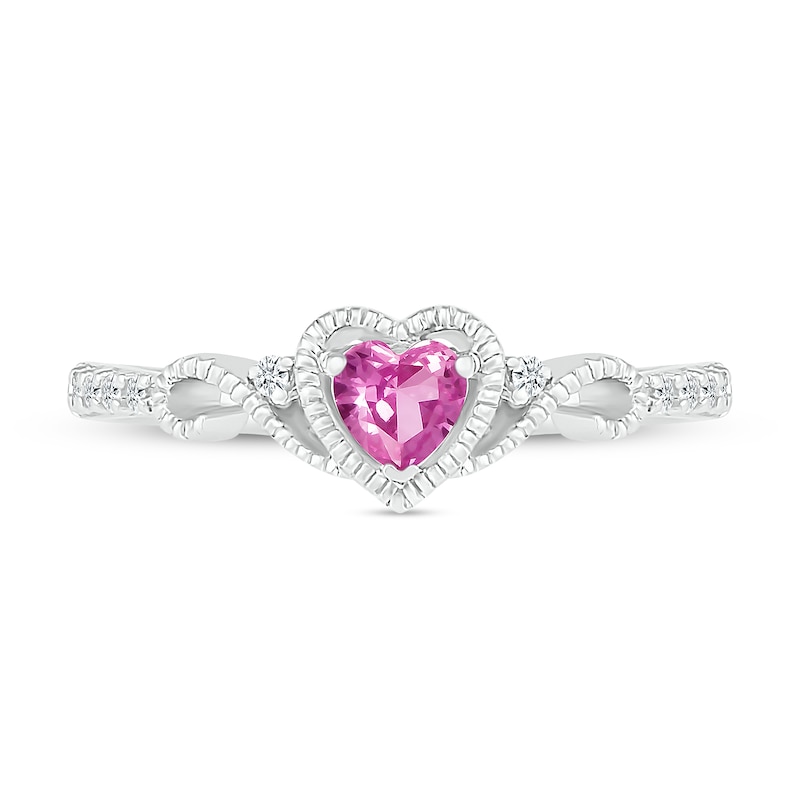 4.0mm Heart-Shaped Pink and White Lab-Created Sapphire Frame with Scroll Accent Vintage-Style Ring in 10K White Gold