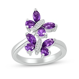 Marquise and Pear-Shaped Amethyst with Diamond Accent Double Butterfly Toi et Moi Bypass Wrap Ring in Sterling Silver