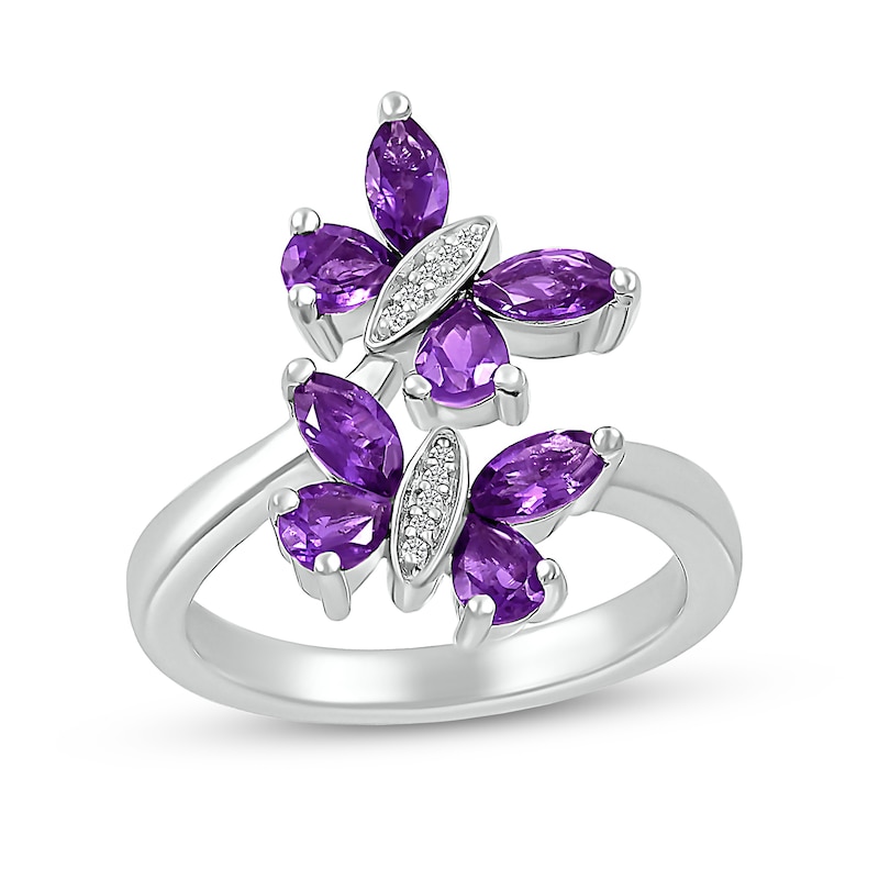 Marquise and Pear-Shaped Amethyst with Diamond Accent Double Butterfly Toi et Moi Bypass Wrap Ring in Sterling Silver|Peoples Jewellers