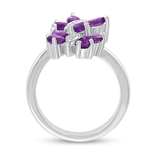 Marquise and Pear-Shaped Amethyst with Diamond Accent Double Butterfly Toi et Moi Bypass Wrap Ring in Sterling Silver