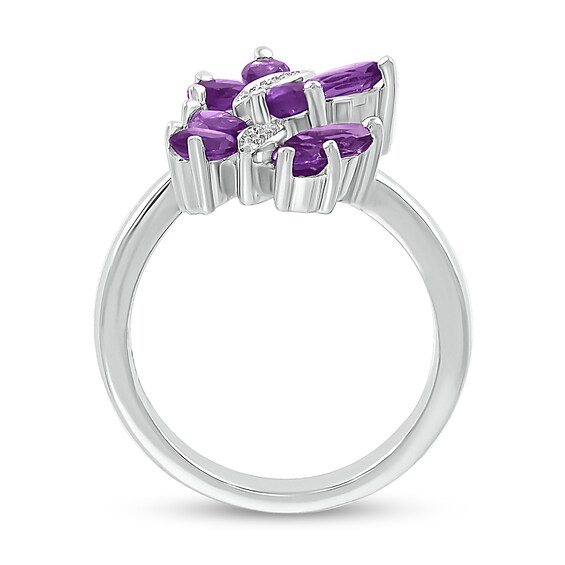 Marquise and Pear-Shaped Amethyst with Diamond Accent Double Butterfly Toi et Moi Bypass Wrap Ring in Sterling Silver