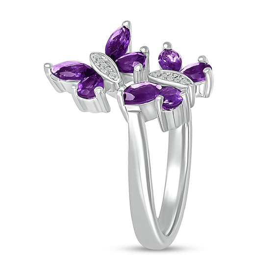 Marquise and Pear-Shaped Amethyst with Diamond Accent Double Butterfly Toi et Moi Bypass Wrap Ring in Sterling Silver