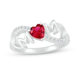 5.0mm Heart-Shaped Lab-Created Ruby and White Lab-Created Sapphire &quot;MOM&quot; Infinity Ring in Sterling Silver